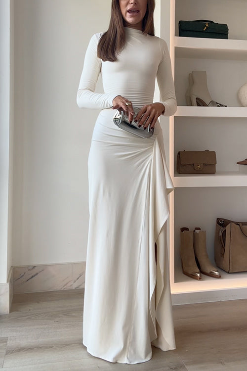 Drune | Lange Ärmel Drapiertes Schlitz Maxi Party Kleid
