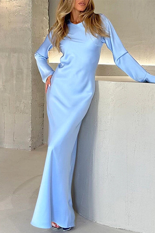 Drune | Rosiedress Rundhals Lange Ärmel Satin Maxi Partykleid