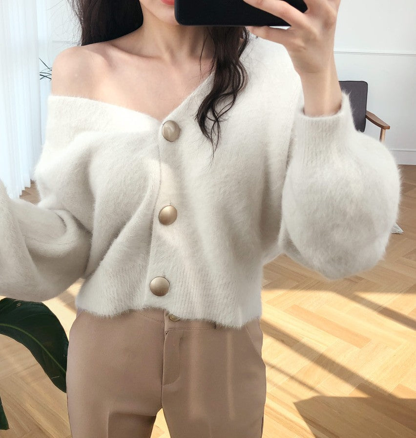 Damen Weicher Cardigan mit voluminösen Armen und eleganten Knöpfen Drune