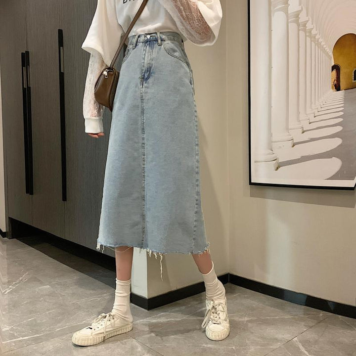Damen Lässiger Denim-Midi-Rock mit fransigem Saum Drune