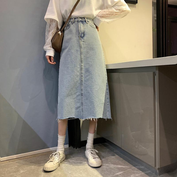 Damen Lässiger Denim-Midi-Rock mit fransigem Saum Drune
