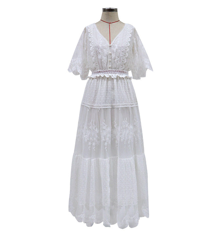 Drune | Chiffon Spitze Kurze Ärmel Boho V-Ausschnitt Maxi Kleid