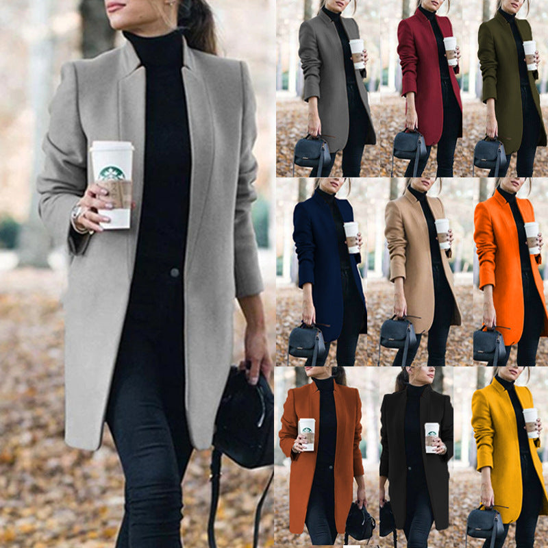 Damen nan eleganter knielanger Wollmix Mantel mit Stehkragen Drune