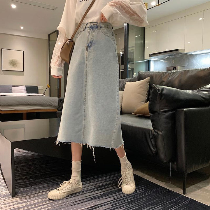 Damen Lässiger Denim-Midi-Rock mit fransigem Saum Drune
