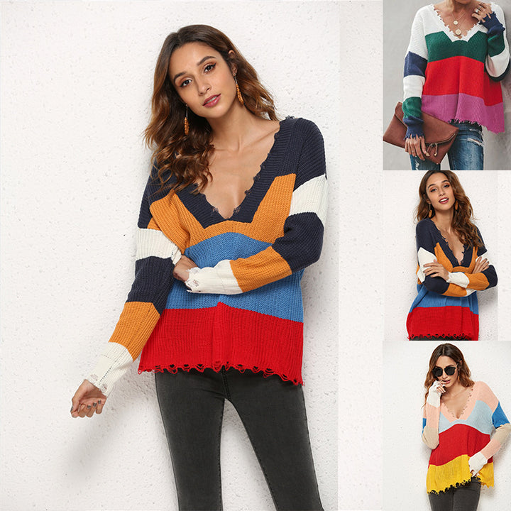 Damen lässiger Strickpullover mit tiefem V-Ausschnitt und modischem Streifenmuster Drune