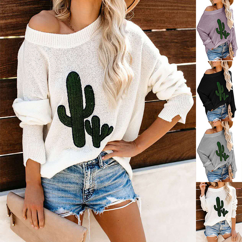 Damen oversize Pullover mit lässigem Cactus-Design und Rundhalsausschnitt Drune
