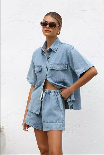 Drune | Lässiges Jeans Set Mit Übergröße Hemd & Shorts