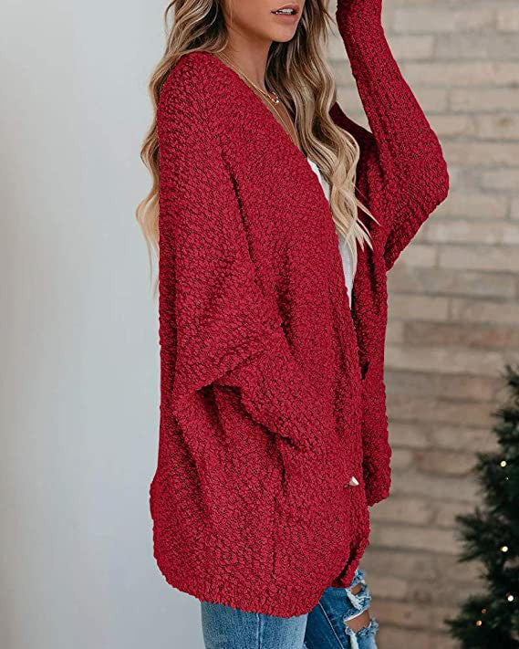 Damen kuschelige Strickjacke mit offenem Schnitt und großen Taschen Drune
