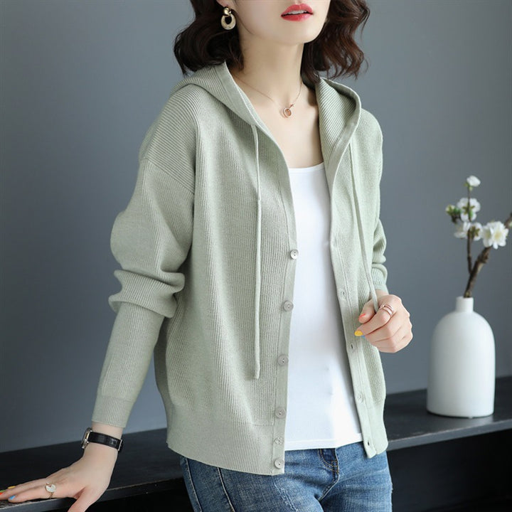 Damen Strickjacke mit Kapuze und Knopfverschluss Drune