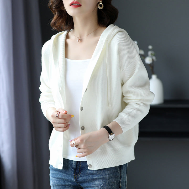 Damen Strickjacke mit Kapuze und Knopfverschluss Drune