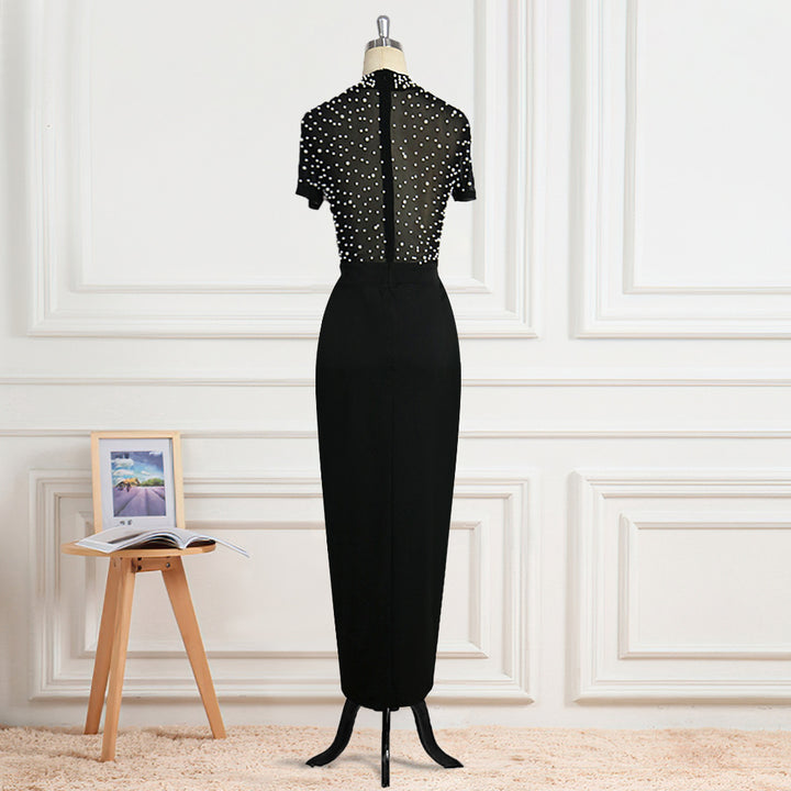 Damen elegantes Maxikleid mit transparentem Oberteil und schimmernden Perlen Drune