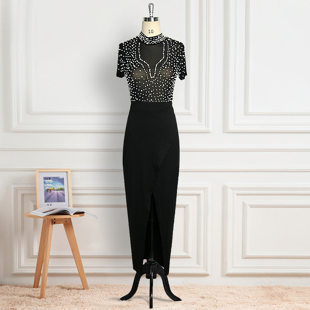 Damen elegantes Maxikleid mit transparentem Oberteil und schimmernden Perlen Drune