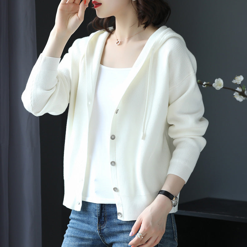 Damen Strickjacke mit Kapuze und Knopfverschluss Drune