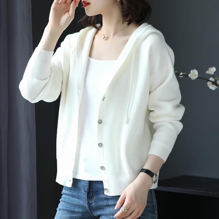Damen Strickjacke mit Kapuze und Knopfverschluss Drune