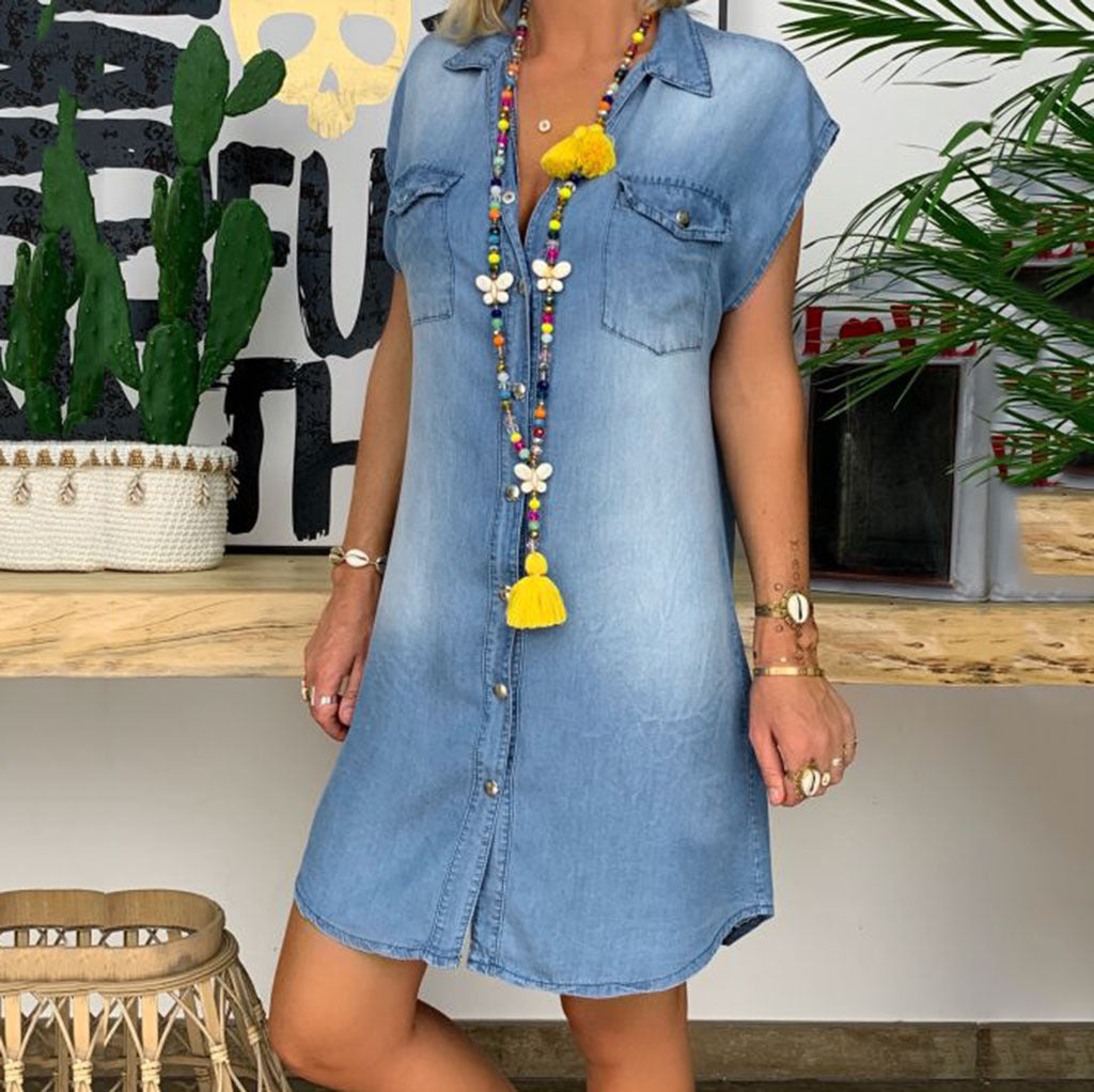 Damen Freizeit Denim Hemdblusenkleid Drune