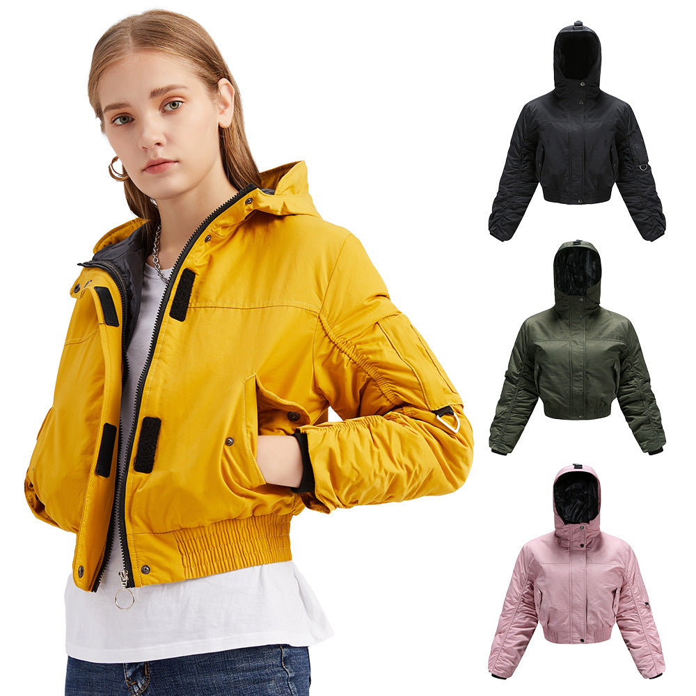 Damen cropped Outdoor-Jacke mit verstellbarem Kapuzenkragen und elastischen Bündchen Drune