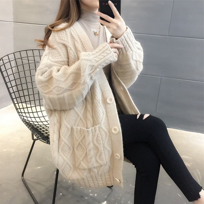 Damen Wabenstrick Oversized Cardigan mit Taschen und Knopfdetail Drune