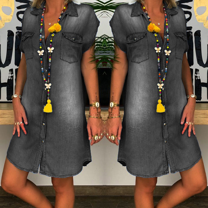 Damen Freizeit Denim Hemdblusenkleid Drune