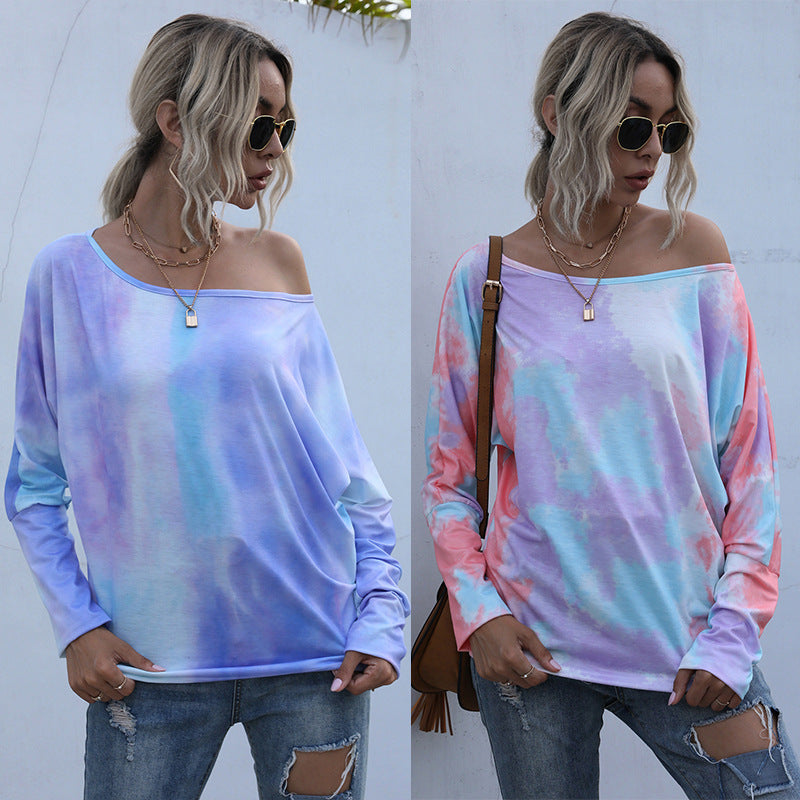 Damen lässiges Off-Shoulder Oberteil mit buntem Farbverlauf Drune