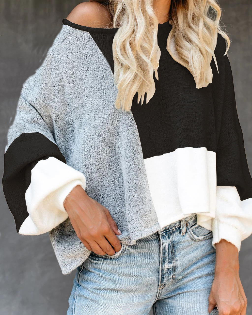 Damen modischer Oversized-Pullover mit einzigartigem Schnitt und kontrastierenden Farbblöcken Drune