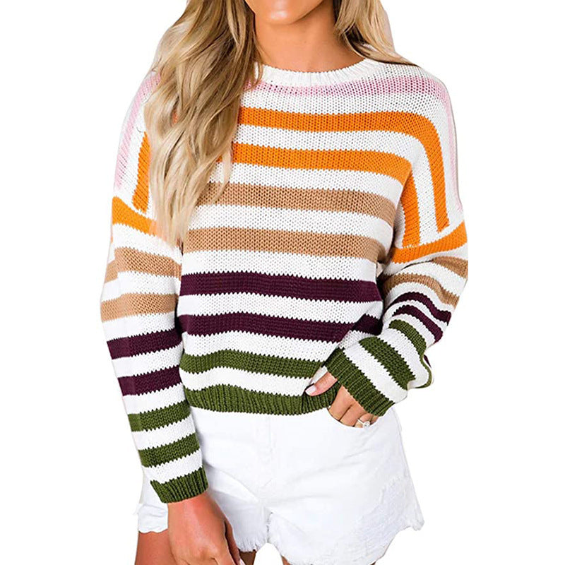 Damen gestreifter Strickpullover mit lässigem Schnitt und breiten Ärmeln Drune