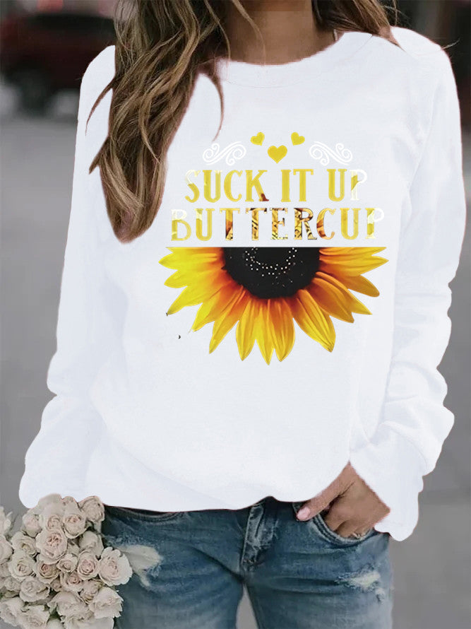 Damen Sweatshirt mit kreativem Sonnenblumenaufdruck und motivierendem Spruch Drune