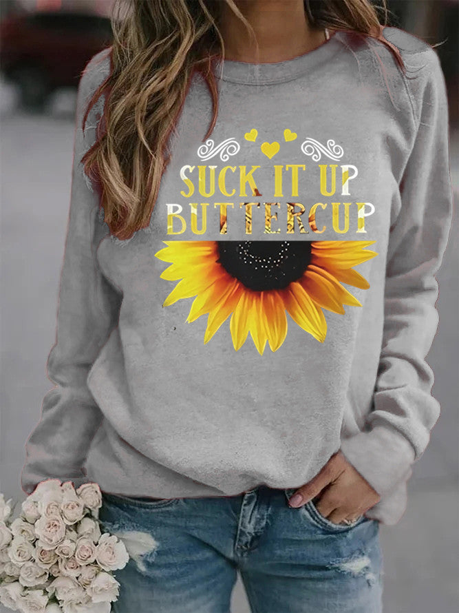 Damen Sweatshirt mit kreativem Sonnenblumenaufdruck und motivierendem Spruch Drune