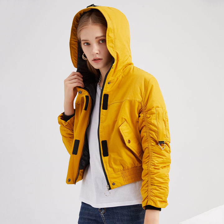 Damen cropped Outdoor-Jacke mit verstellbarem Kapuzenkragen und elastischen Bündchen Drune