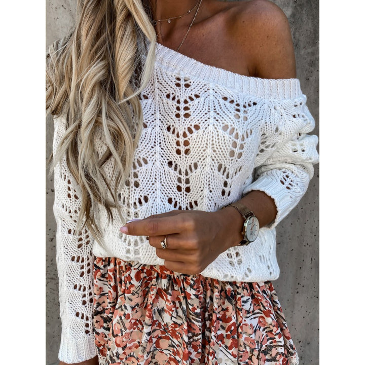 Damen Off-Shoulder Strickpullover mit floralem Lochmuster Drune