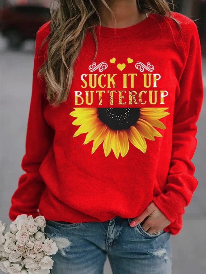 Damen Sweatshirt mit kreativem Sonnenblumenaufdruck und motivierendem Spruch Drune
