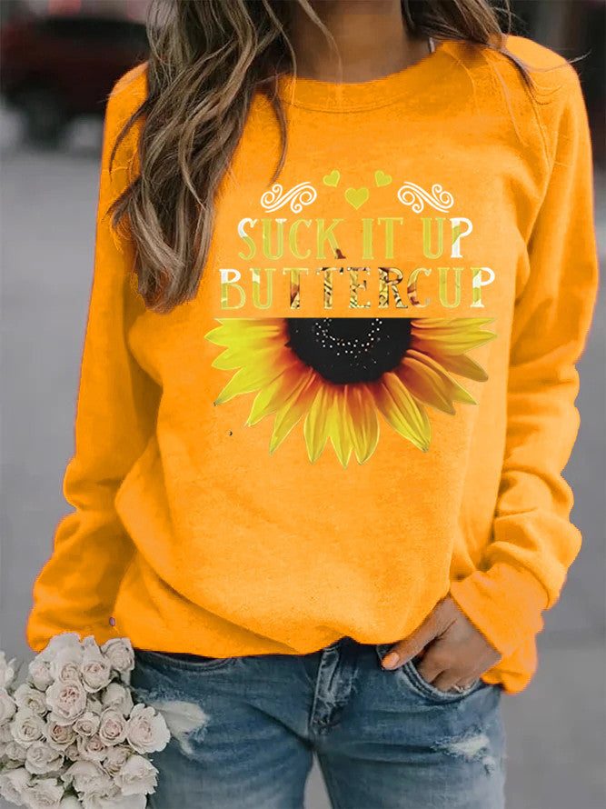 Damen Sweatshirt mit kreativem Sonnenblumenaufdruck und motivierendem Spruch Drune