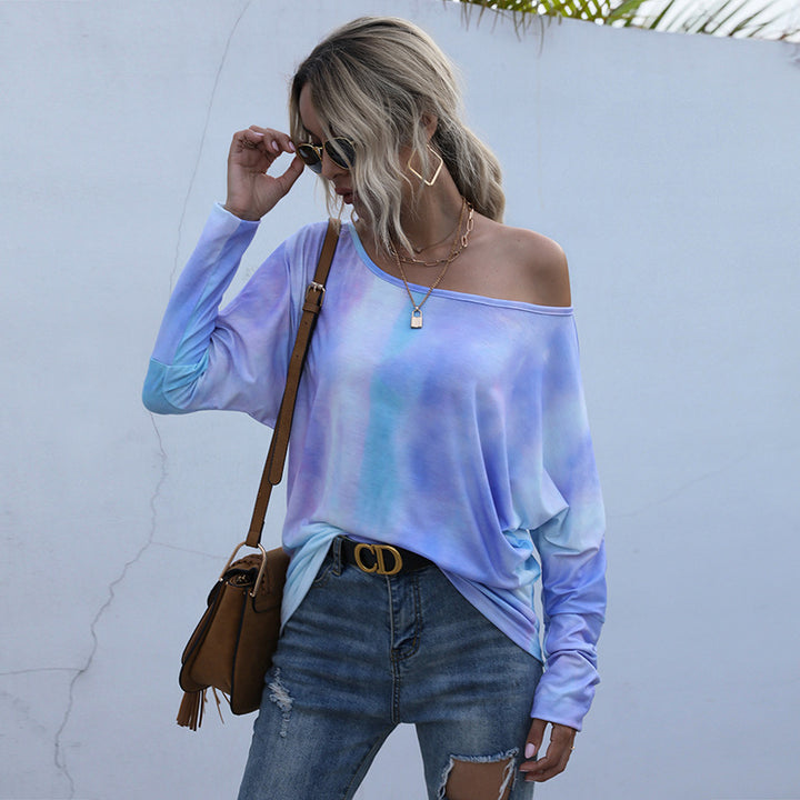 Damen lässiges Off-Shoulder Oberteil mit buntem Farbverlauf Drune