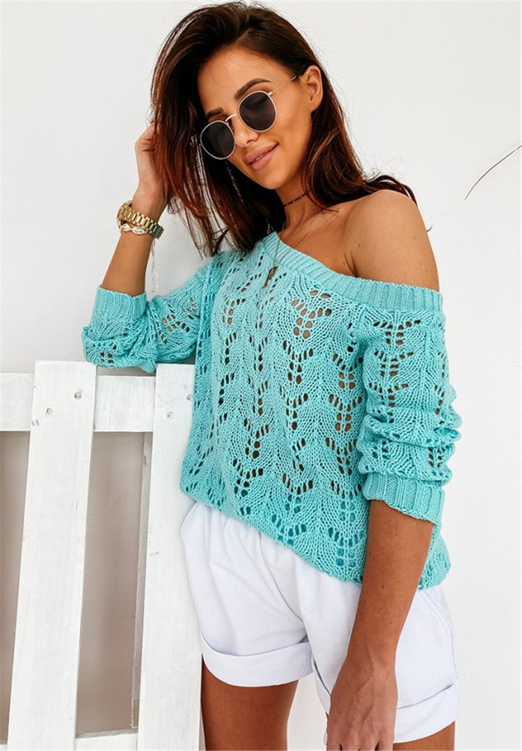 Damen Off-Shoulder Strickpullover mit floralem Lochmuster Drune