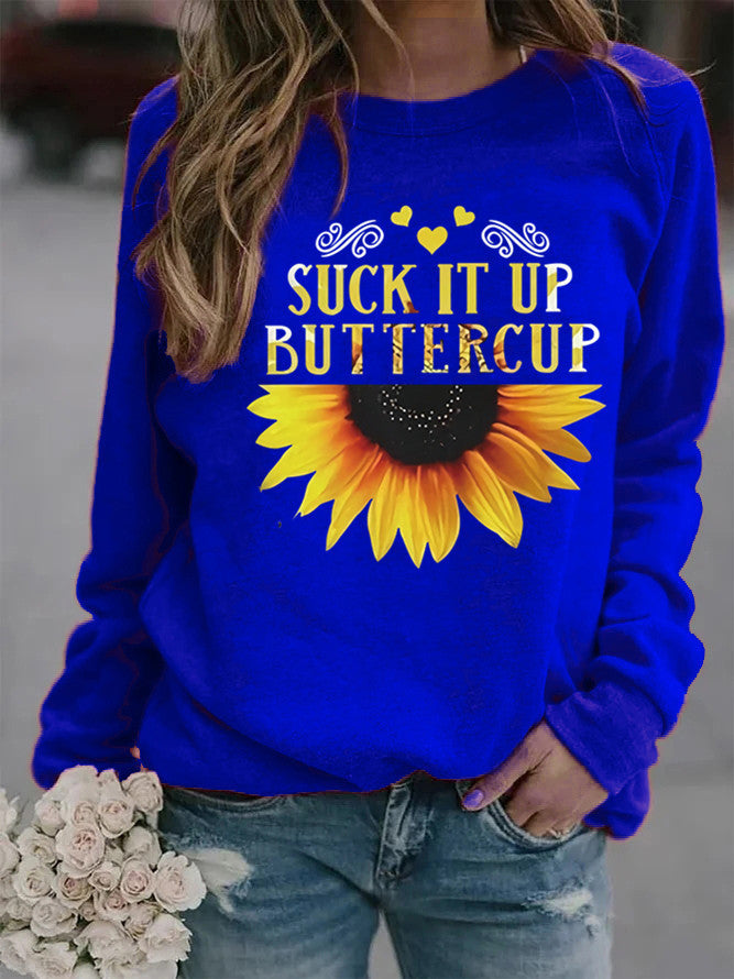Damen Sweatshirt mit kreativem Sonnenblumenaufdruck und motivierendem Spruch Drune