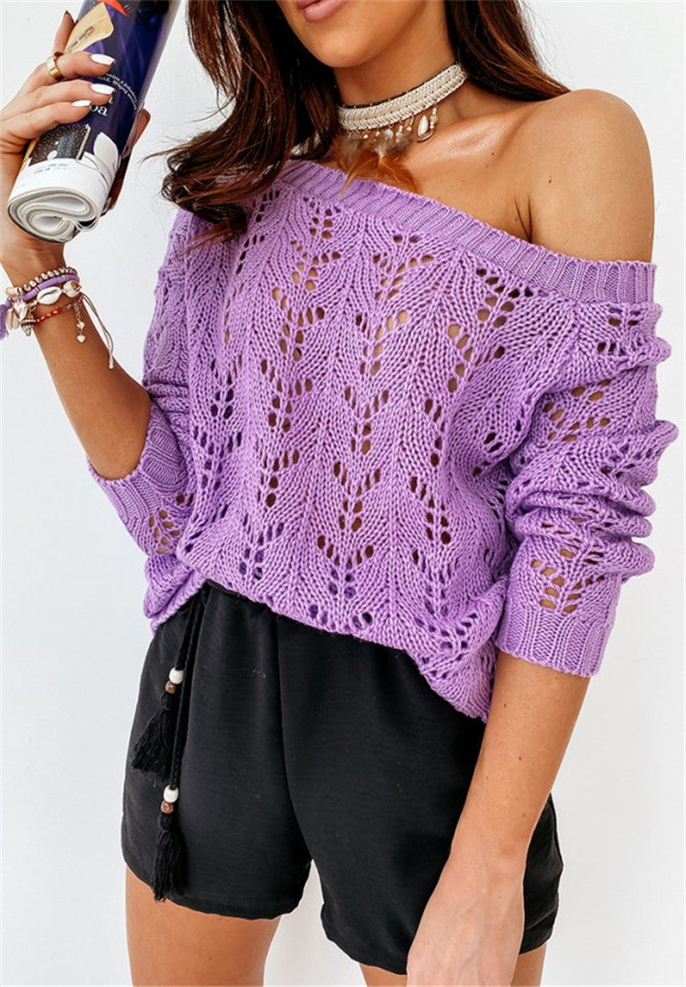 Damen Off-Shoulder Strickpullover mit floralem Lochmuster Drune