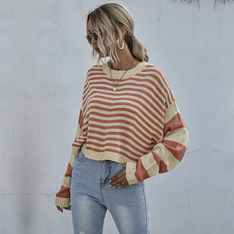 Damen lässiger Strickpullover mit auffälligem Streifenmuster und weitem Schnitt Drune