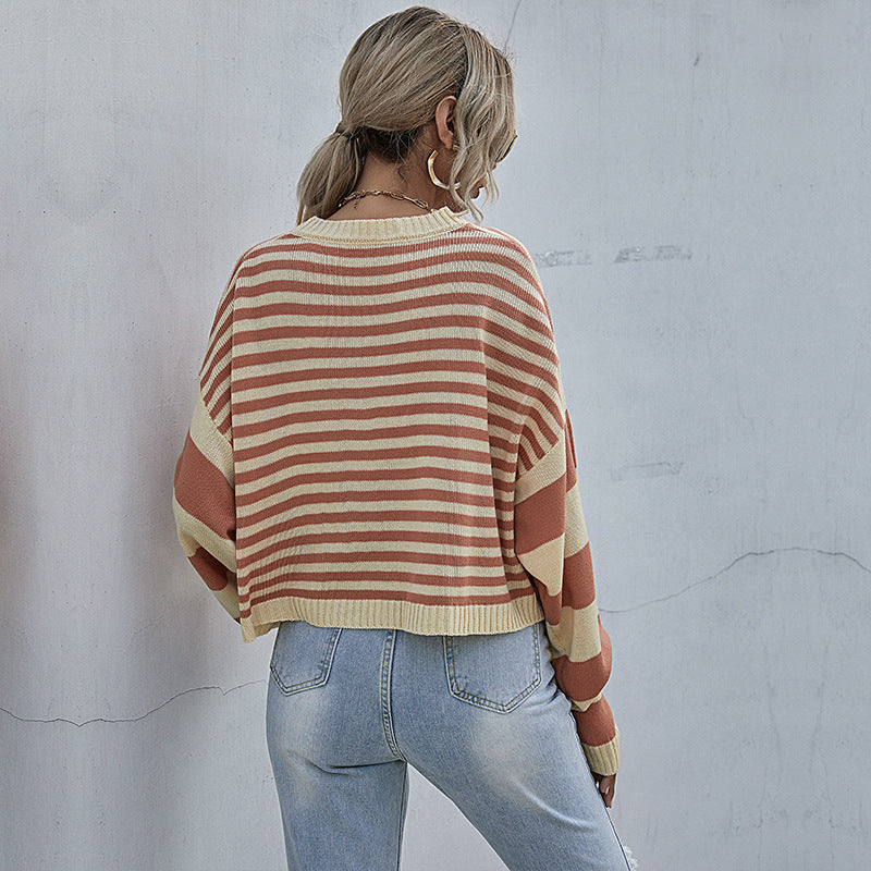 Damen lässiger Strickpullover mit auffälligem Streifenmuster und weitem Schnitt Drune