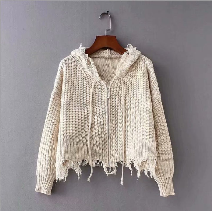Damen lässige Strickjacke mit Kapuze und asymmetrischem Saum Drune