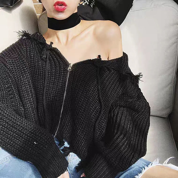 Damen lässige Strickjacke mit Kapuze und asymmetrischem Saum Drune