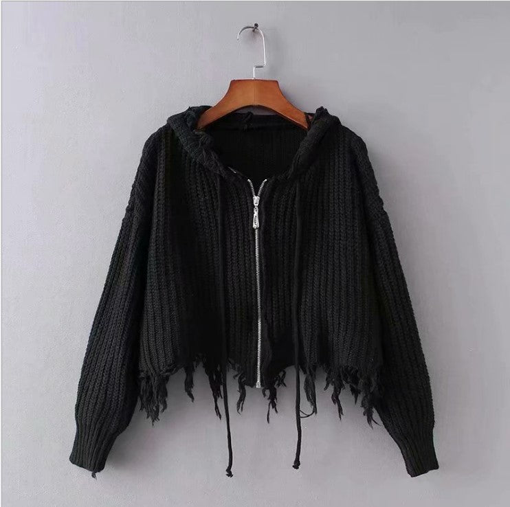 Damen lässige Strickjacke mit Kapuze und asymmetrischem Saum Drune