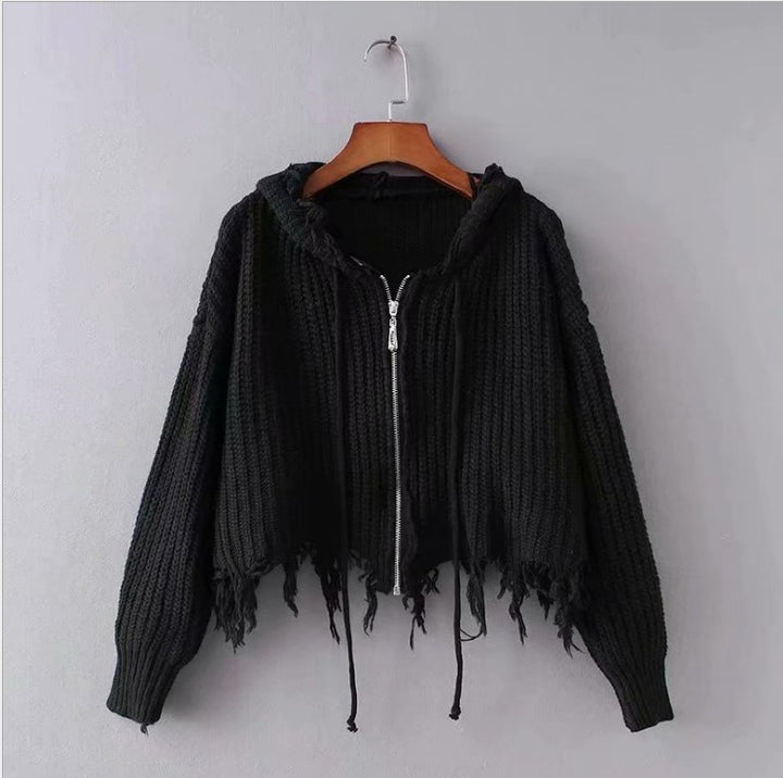 Damen lässige Strickjacke mit Kapuze und asymmetrischem Saum Drune