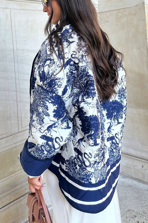 Drune | Songs Porzellan Tinte Bedruckte Tasche Gesteppt Baumwolle Kimono Jacke