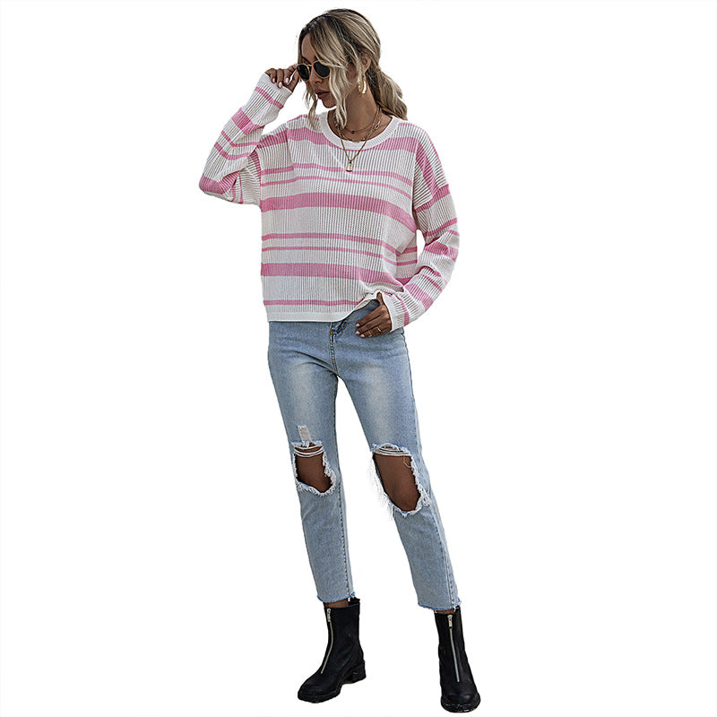 Damen lockerer Strickpullover mit modischen Streifen Drune