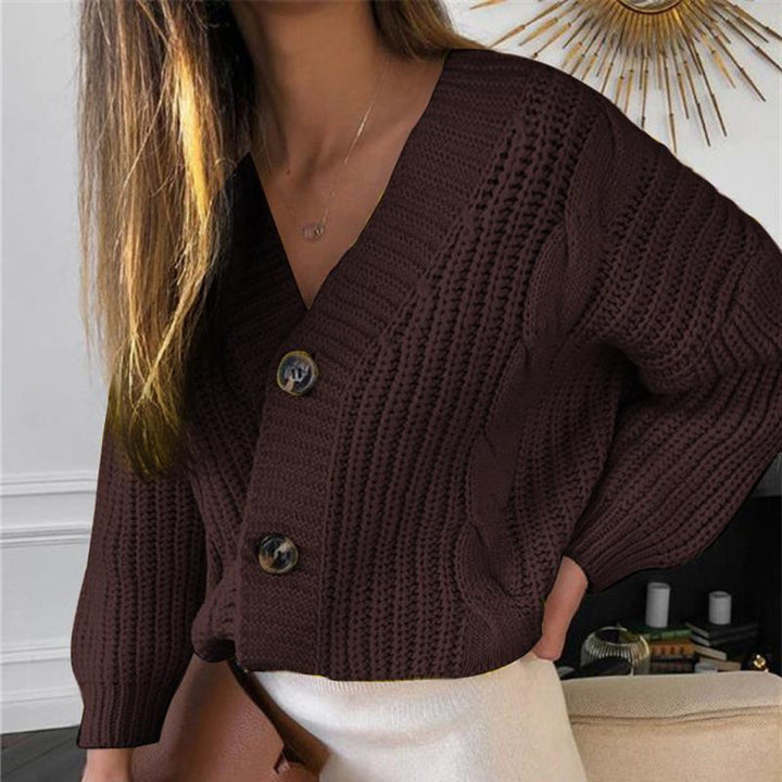 Damen Modischer Grobstrick-Cardigan mit V-Ausschnitt und Knopfdetails Drune