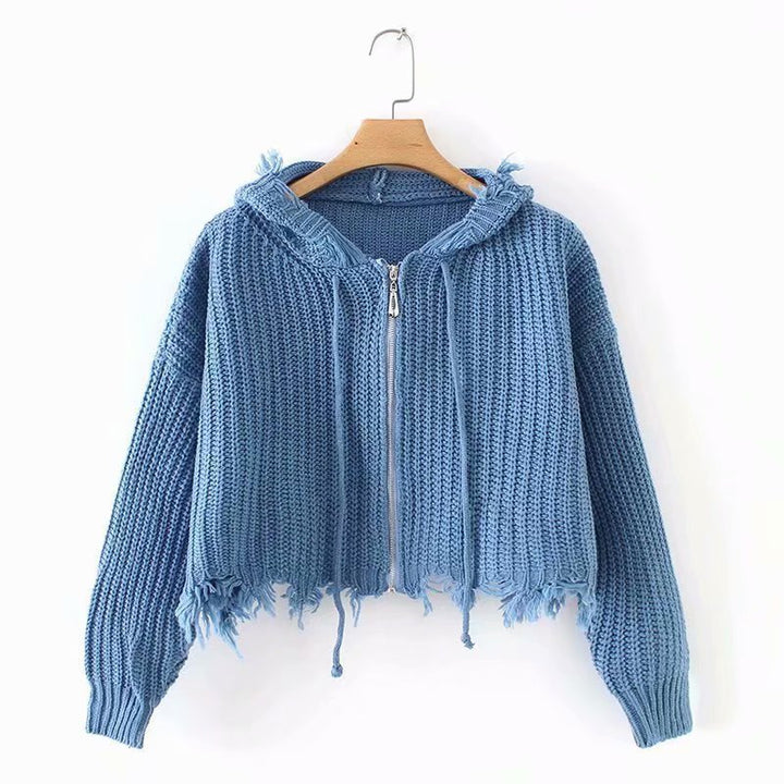 Damen lässige Strickjacke mit Kapuze und asymmetrischem Saum Drune