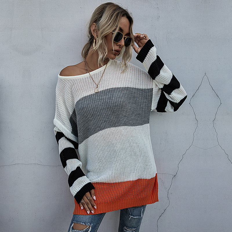 Damen lässiger Überwurf-Pullover mit farblich harmonischem Streifenmuster Drune