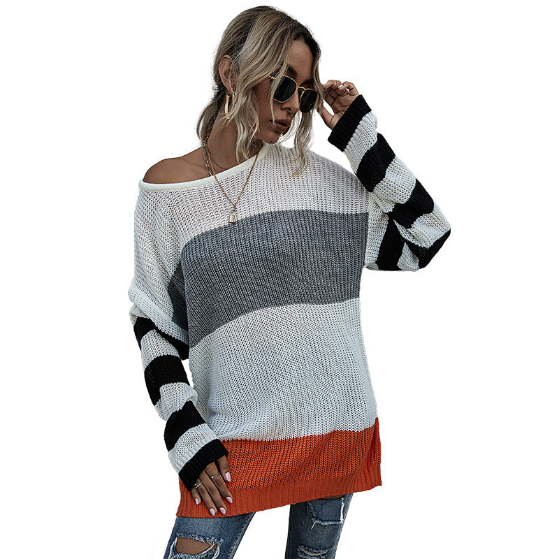 Damen lässiger Überwurf-Pullover mit farblich harmonischem Streifenmuster Drune
