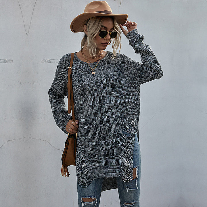 Damen lässiger Strickpullover mit moderner Fransenoptik und asymmetrischem Saum Drune