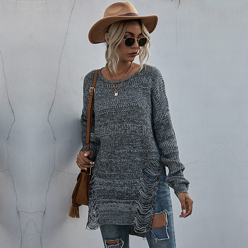 Damen lässiger Strickpullover mit moderner Fransenoptik und asymmetrischem Saum Drune