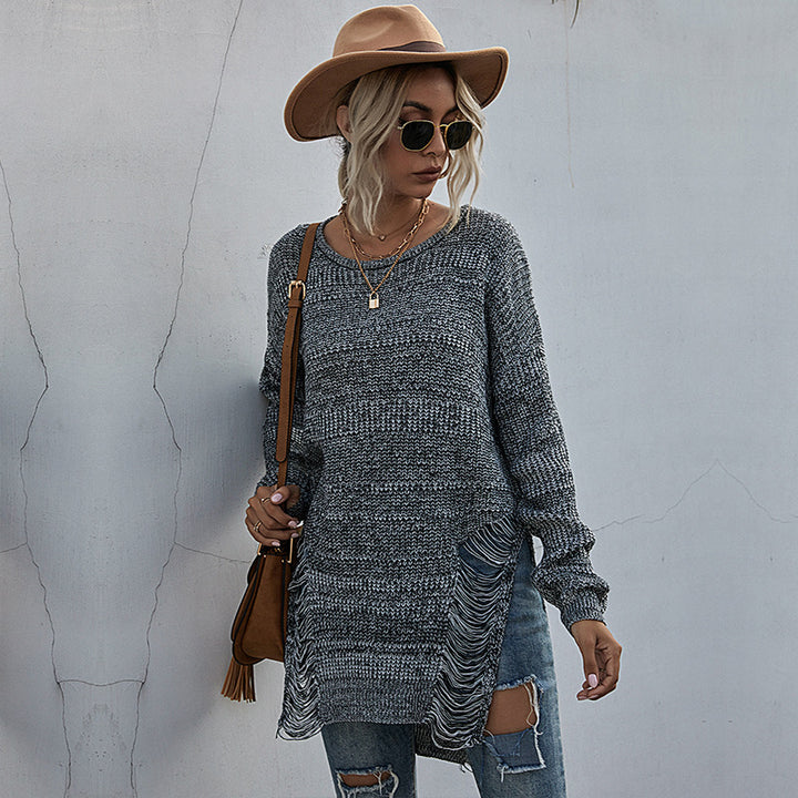 Damen lässiger Strickpullover mit moderner Fransenoptik und asymmetrischem Saum Drune